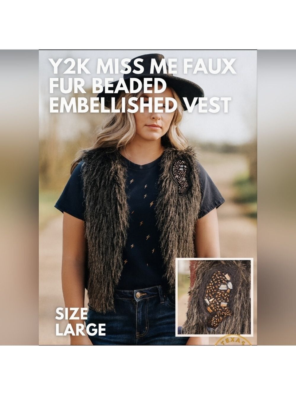 Miss Me Y2K Gray Faux Fur Vest  Beaded Size Large Boho Western